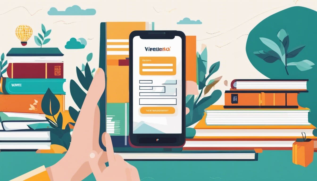 Persoon gebruikt de Vriendenloterij-website omringd door boeken en lifestyle-foto's.