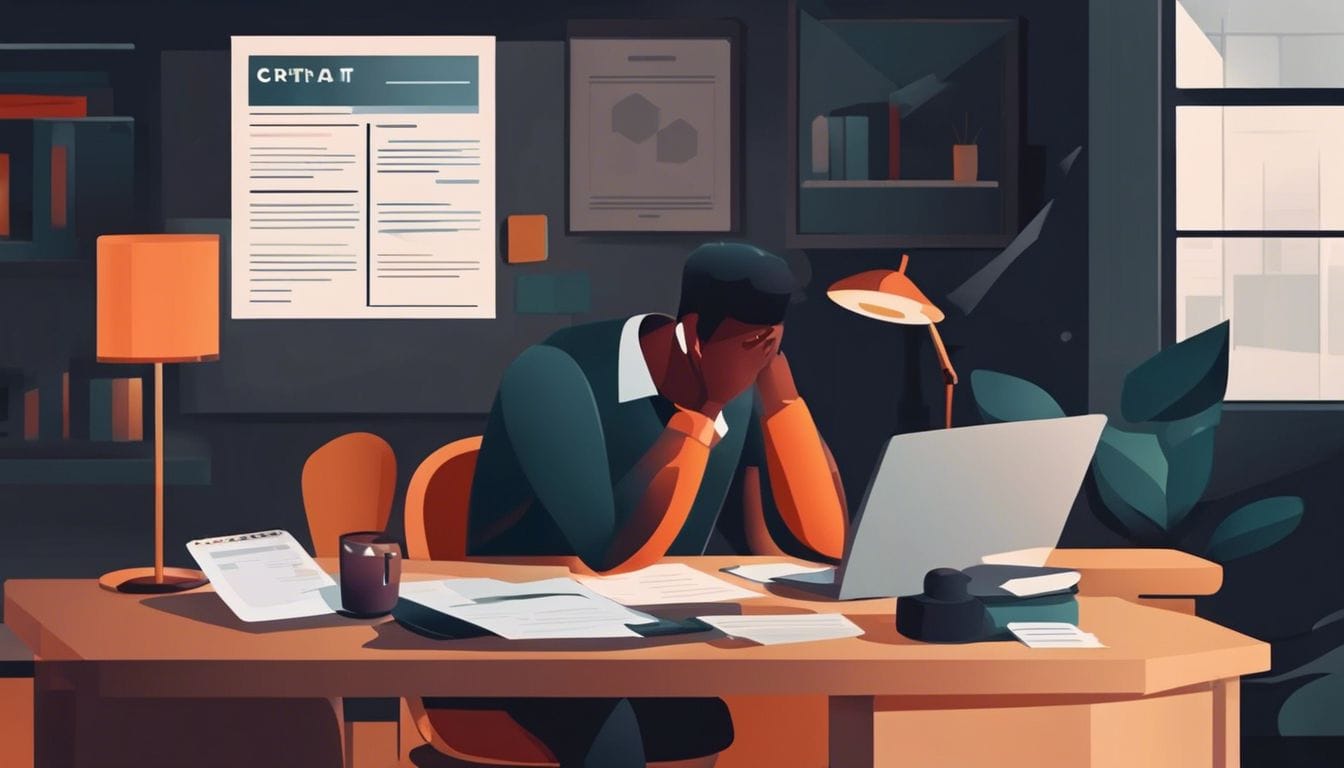 Persoon ontvangt afwijzing voor telefooncontract, zichtbare zwarte lijst credit rapport.