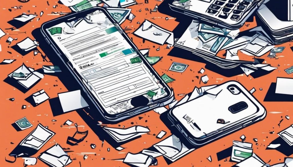 Een kapotte smartphone en een creditcheckbrief temidden van verspreide rekeningen, benadrukt het contrast tussen technologie en financi&euml;le strijd.