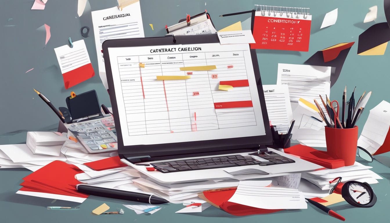 Een chaotische kantooromgeving met een kalender die de annuleringsdatum markeert.