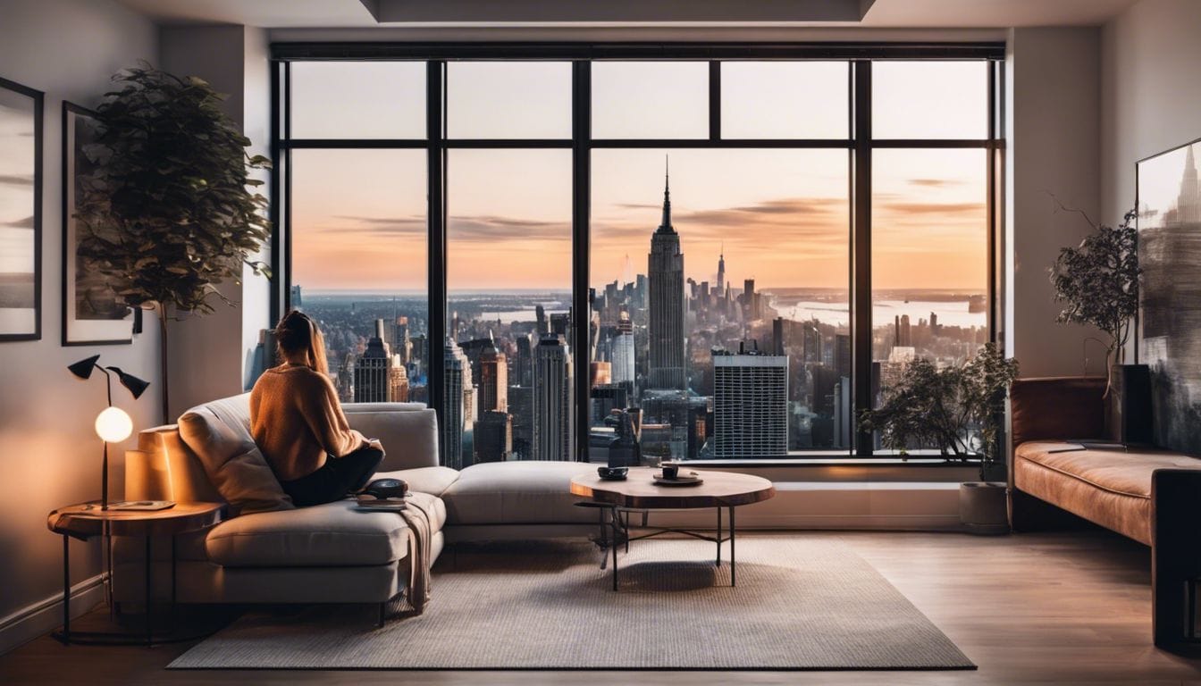 Een persoon kijkt geconcentreerd naar exclusieve Instagram-berichten in een gezellige woonkamer met een moderne stadsfoto aan de muur.