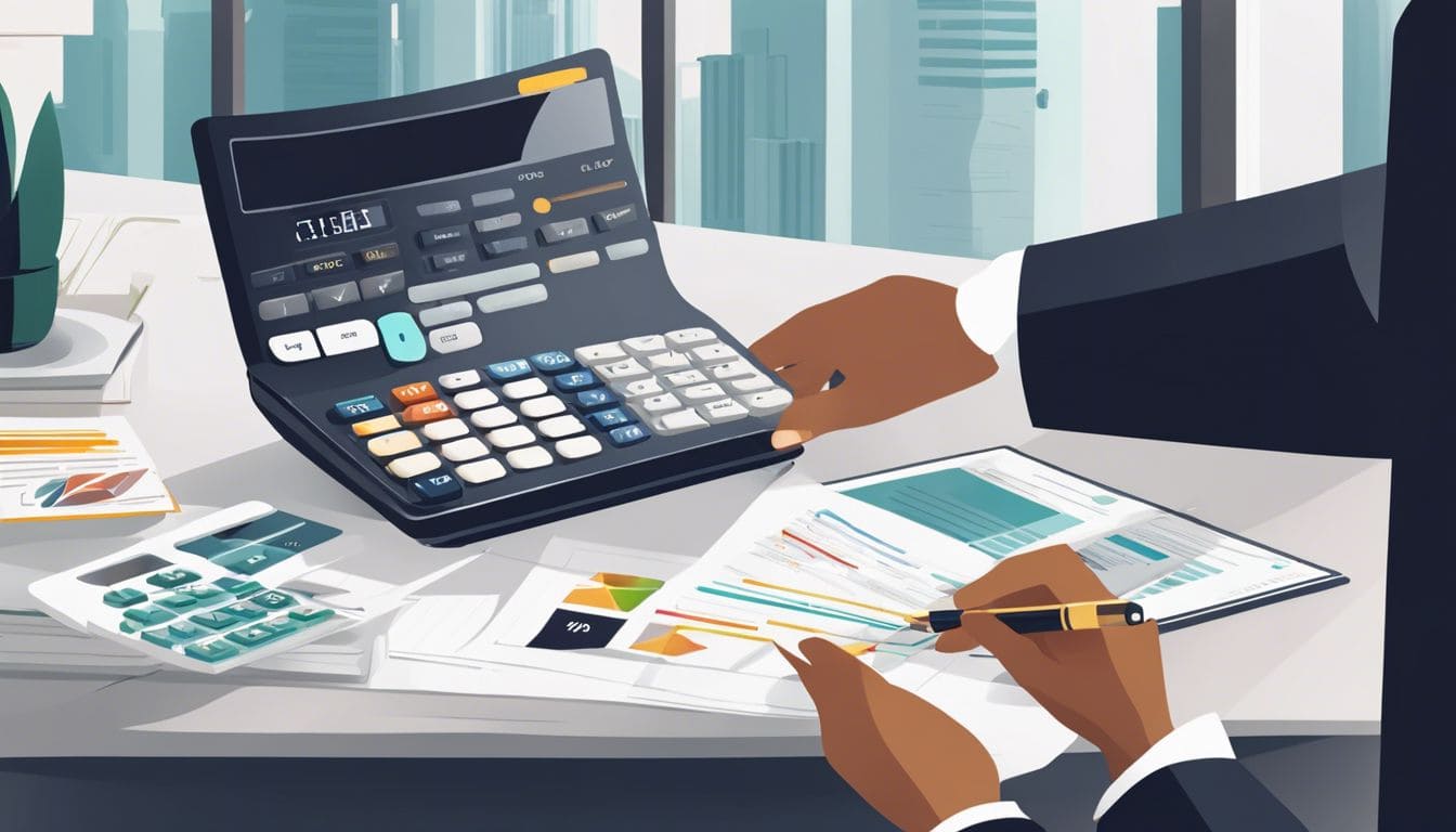 Een financieel adviseur bespreekt een budgetplanner en rekenmachine met een klant.