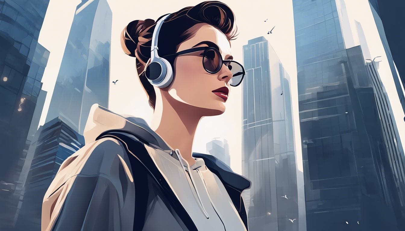 Persoon draagt Apple AirPods in moderne stedelijke omgeving.