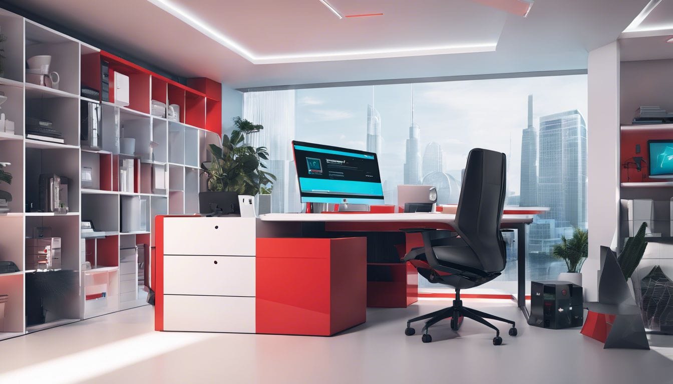 Bitdefender Antivirus Plus box in a sleek, minimalist office space.