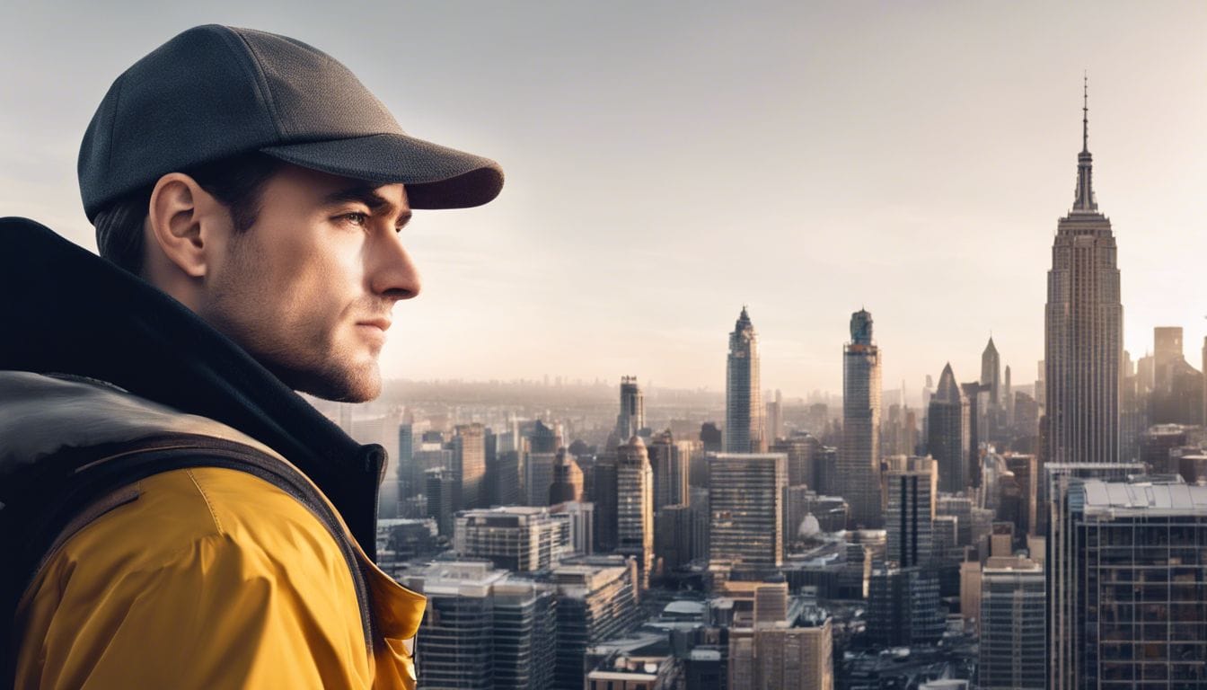 Een persoon gebruikt Bumble app met een serieuze blik in een stedelijke omgeving.