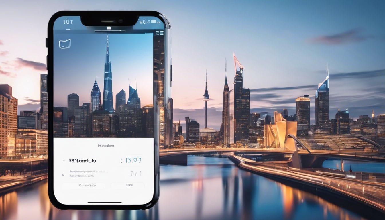 Een persoon gebruikt de bunq app op een mobiele telefoon in een moderne omgeving.