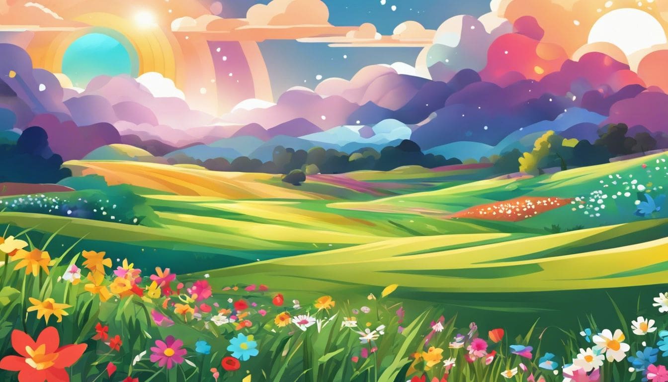 Een open landschap met kleurrijke loterijtickets en bloemen.