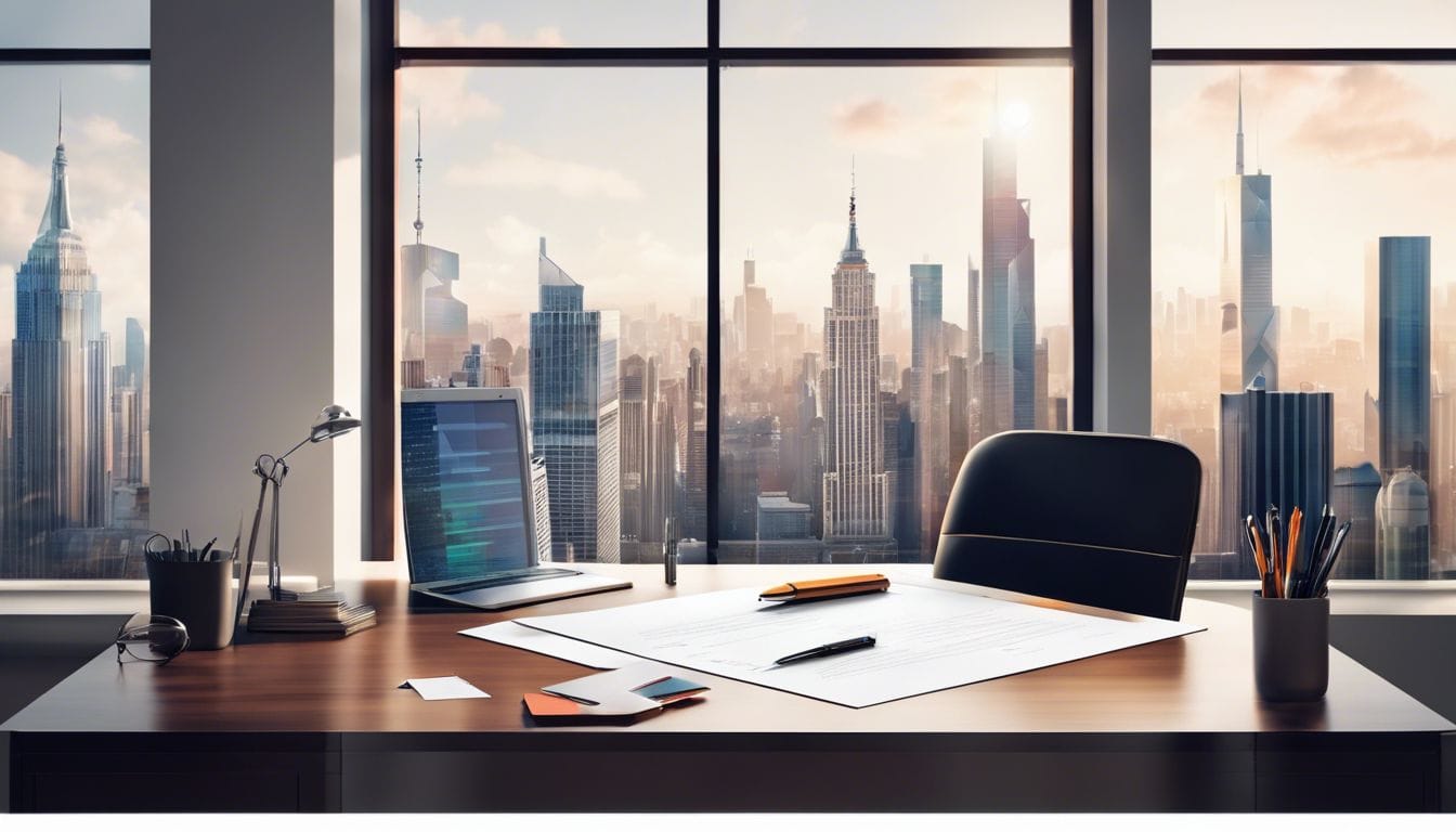 Een open overeenkomst op een bureau met kantoorbenodigdheden en stadsgezicht. Een open overeenkomst op een bureau met kantoorbenodigdheden en stadsgezicht.