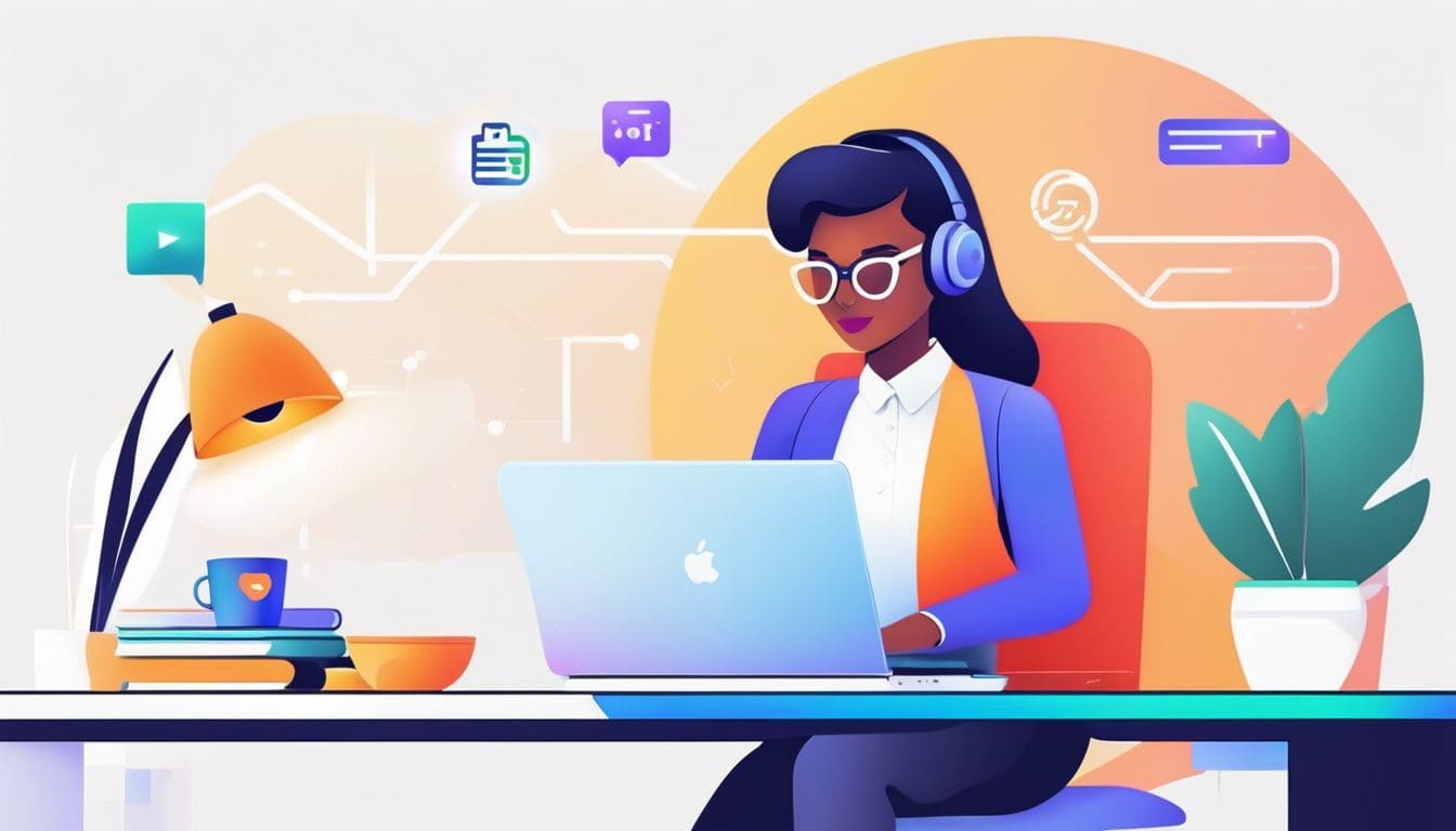 Een persoon gebruikt een laptop met AVG-software in een minimalistisch kantoor.