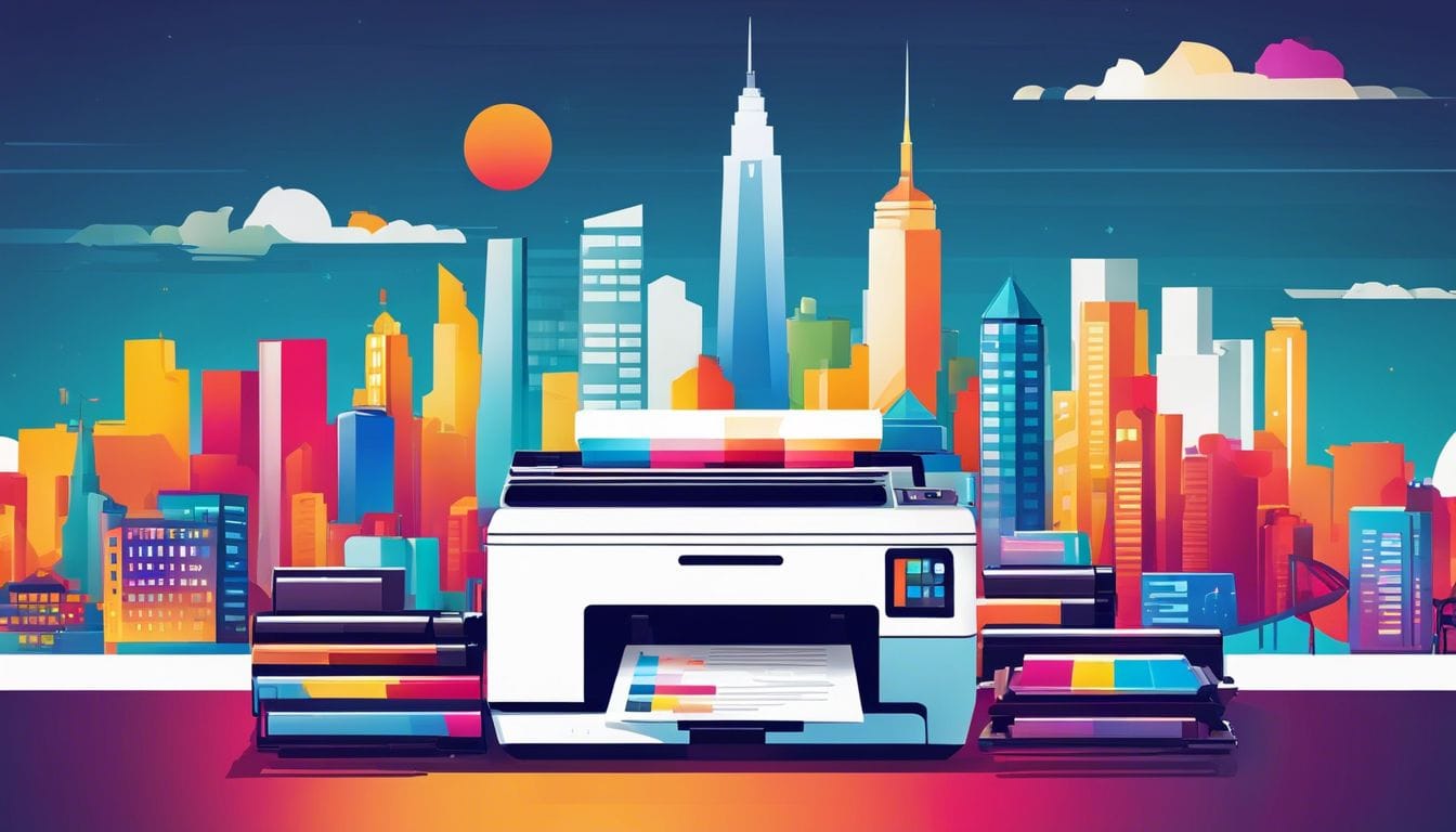 Een printer met kleurrijke inktcartridges in een stedelijke omgeving.