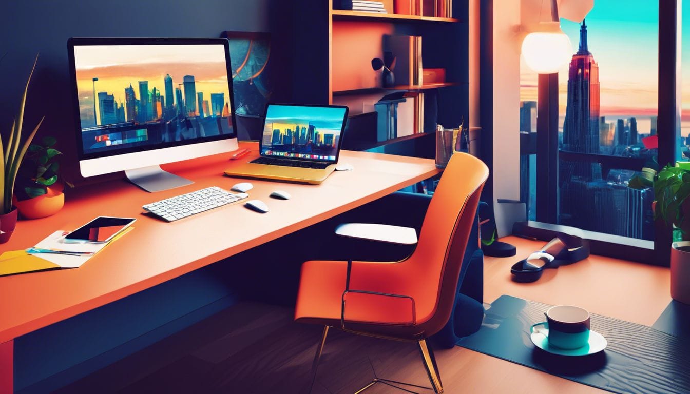 Een modern ingericht kantoorbureau met laptop, notitieboek en marketingmateriaal.