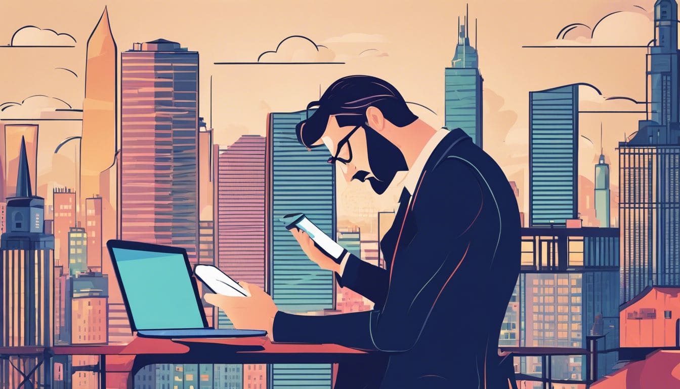 Een gestreste persoon worstelt met afgewezen telefooncontracten in de stad.