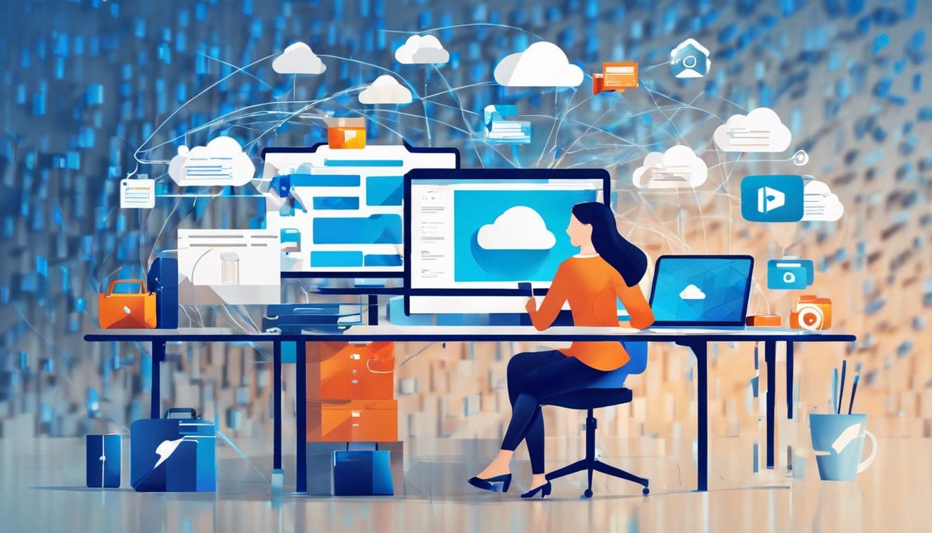 Een persoon die bestanden op OneDrive opent, omringd door digitale apparaten en een moderne kantoorachtergrond.