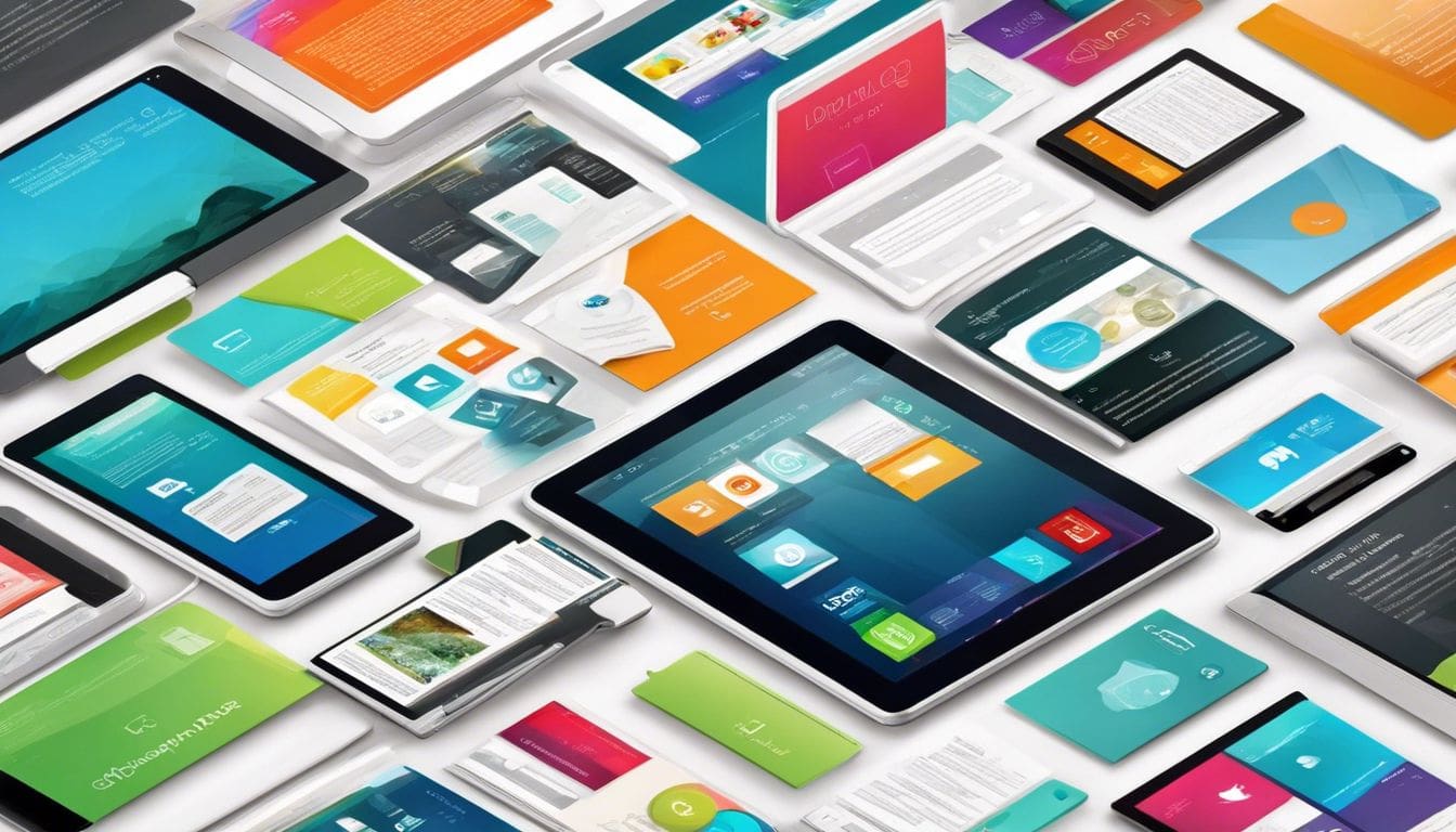 Een digitale tablet toont diverse abonnementsservices in een minimalistische, futuristische omgeving.