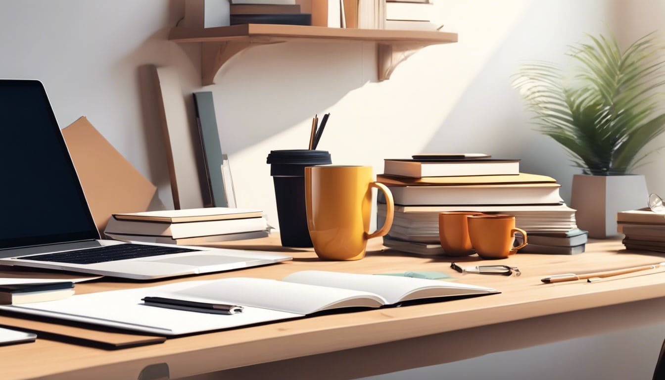Een stapel studiemateriaal op een bureau met een laptop en een kop koffie in een gezellig en rommelig thuiskantoor.