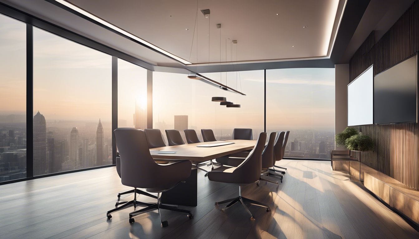 Moderne vergaderruimte met professionele videoconferentiesetup en strak meubilair.