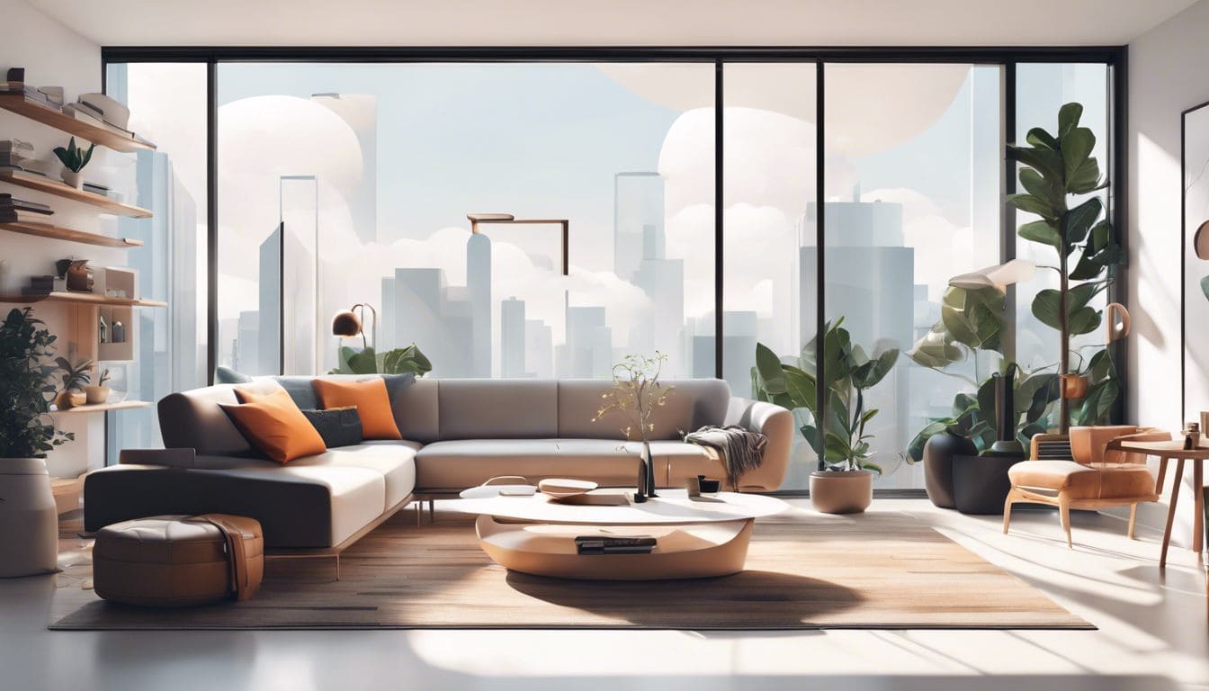 Iemand geniet van Apple One abonnement in minimalistische woonkamer met moderne gadgets.