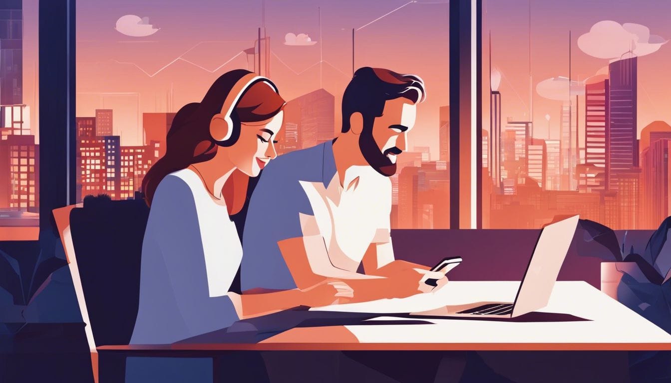 Een man en een vrouw chatten online in een gezellige omgeving.