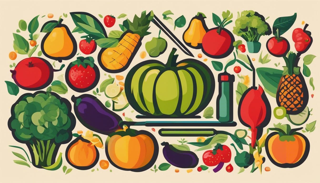 Een verscheidenheid aan kleurrijke en voedzame fruit en groenten in een natuurlijke omgeving.