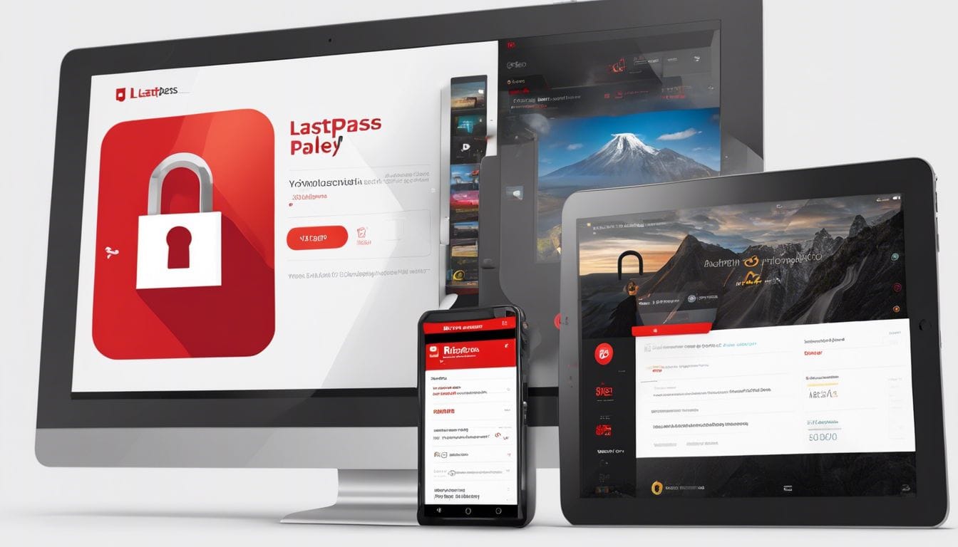 Een digitale tablet met het LastPass-logo omringd door open slot- en sleutelsymbolen. Een digitale tablet met het LastPass-logo omringd door open slot- en sleutelsymbolen.