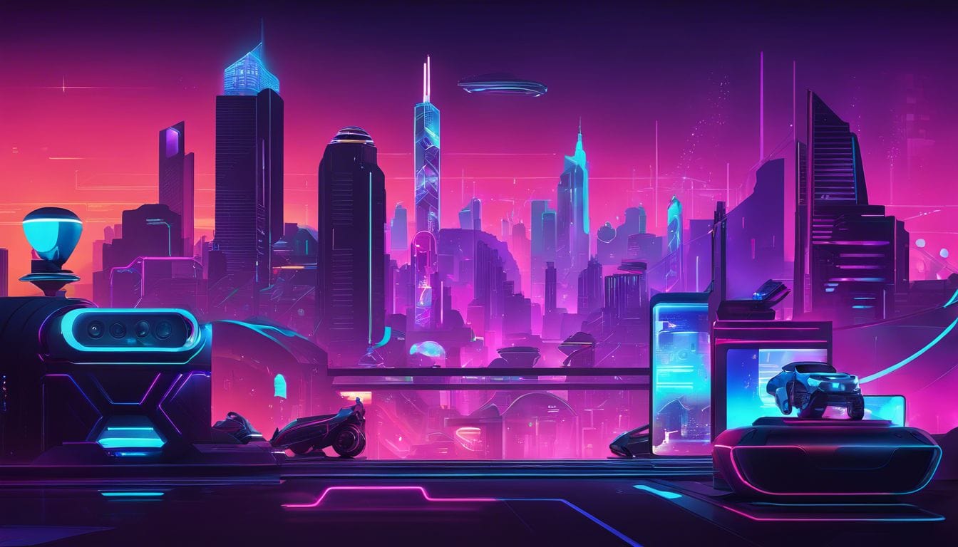 Een verzameling van de nieuwste Ubisoft videospellen in een futuristische omgeving.