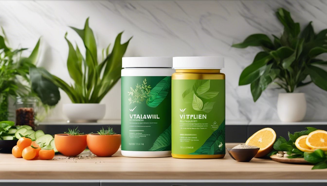 Een Vitaily supplementenpakket op een moderne keuken tegen natuurlijk achtergrond. Een Vitaily supplementenpakket op een moderne keuken tegen natuurlijk achtergrond.