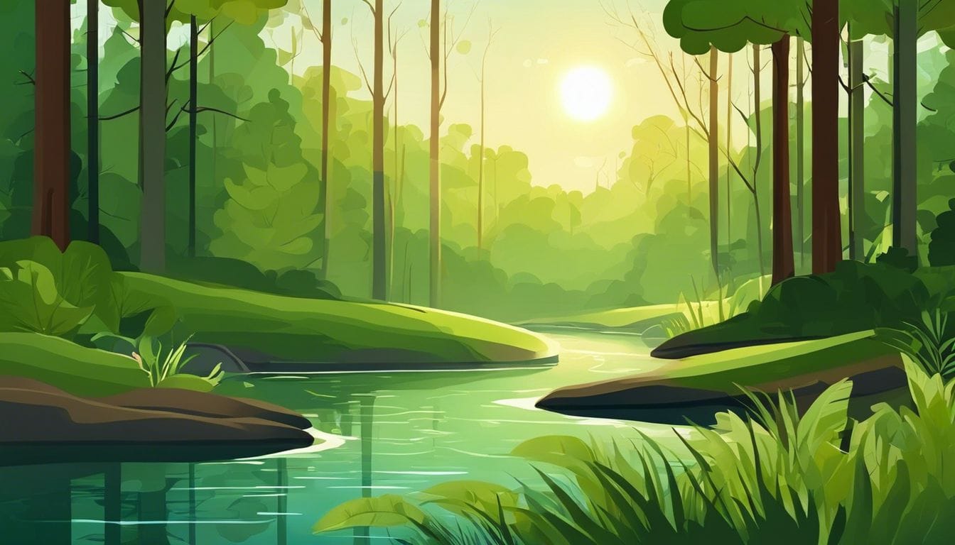 Een prachtig groen bos met een rustige rivier en diversiteit aan flora en fauna.