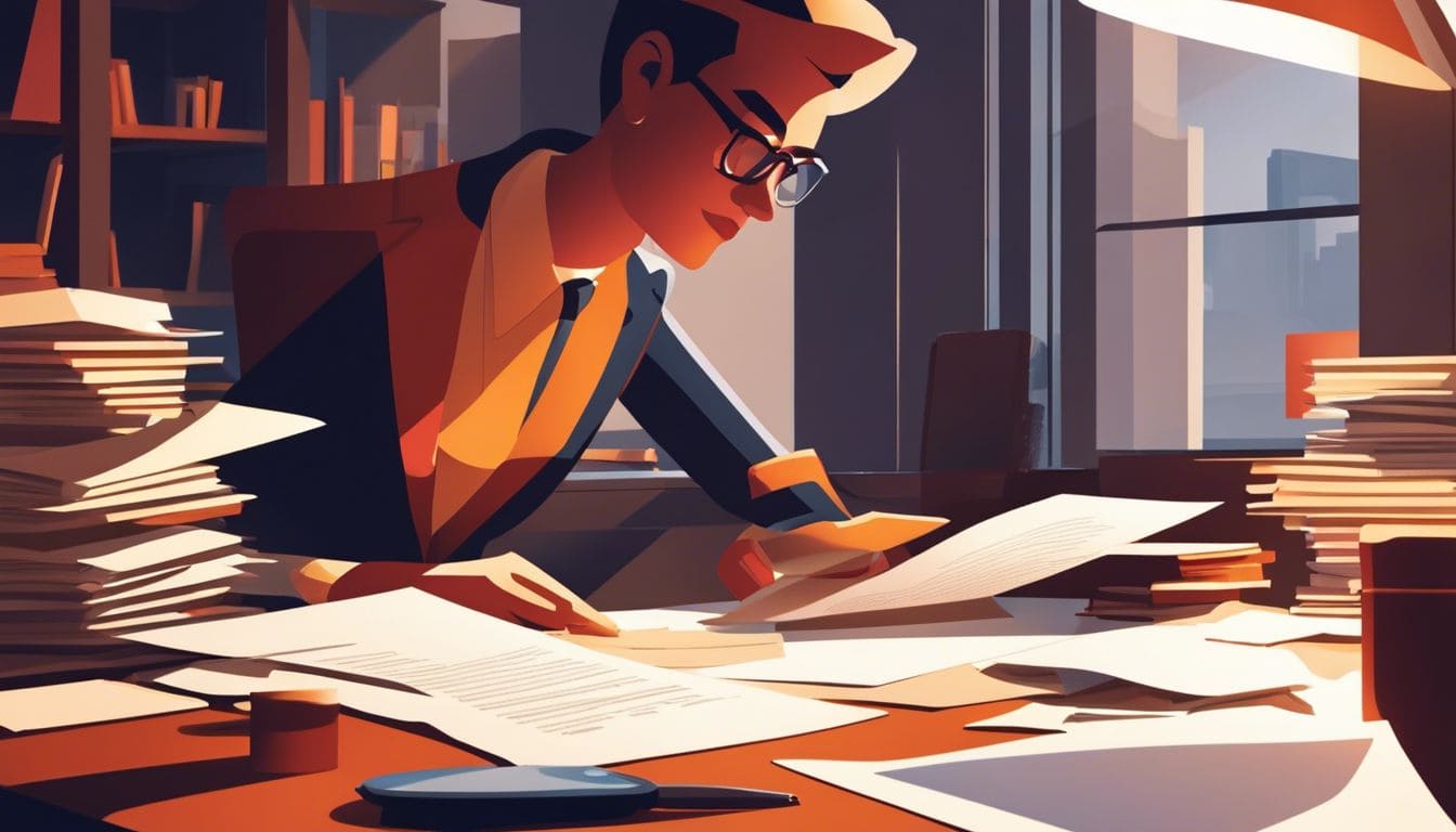 Een persoon leest een juridisch document omringd door papierwerk aan een bureau.