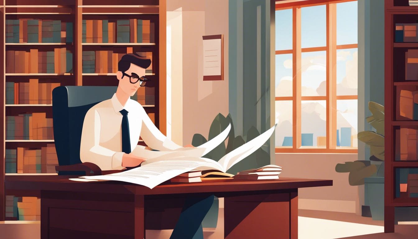 Een serieuze persoon leest een juridisch document op kantoor.