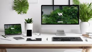 Een minimalistische werkruimte met laptop en smartphone, met een Wix website op het scherm.
