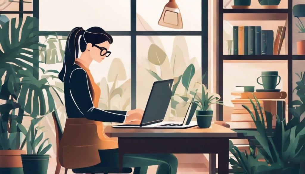 Een persoon onderzoekt verschillende abonnementsopties op een laptop in een moderne thuiskantooromgeving.