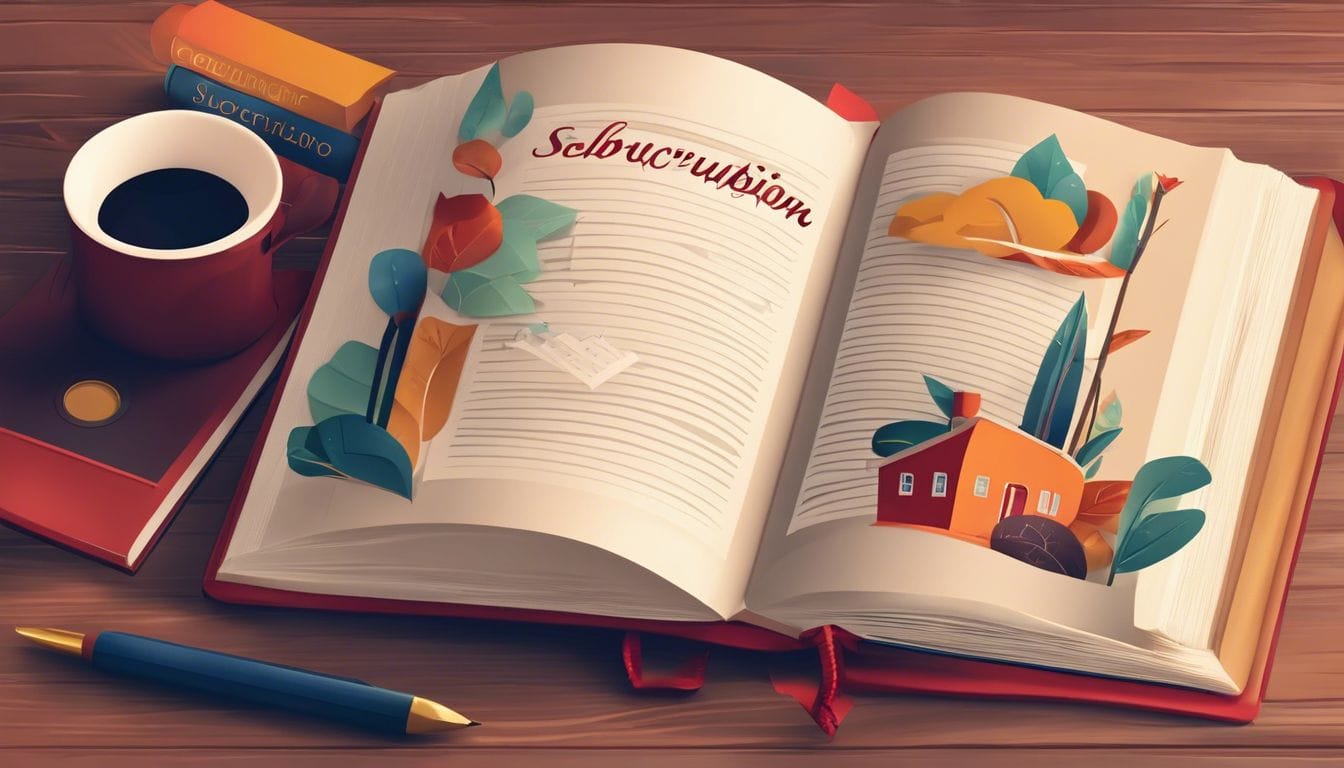 Een open woordenboek met het woord 'abonnement' omringd door taalleermiddelen in een rustige omgeving.