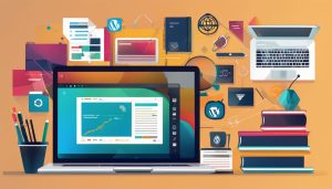 Een open laptop toont diverse WordPress-websites omringd door kantoorbenodigdheden en technologiefoto's.