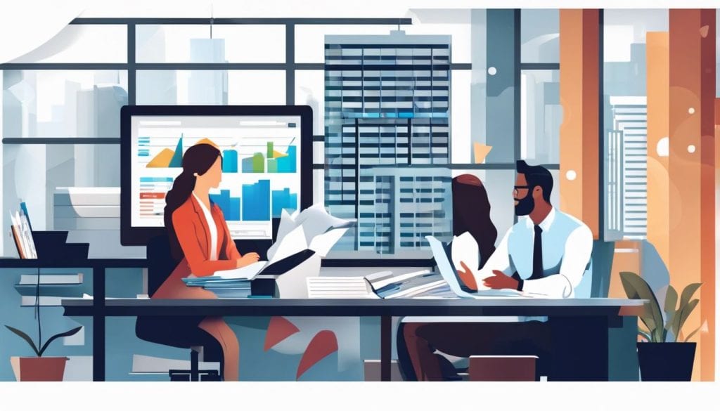 Een boekhouder bespreekt de Yuki-software met een klant in een modern kantoor.