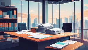 Een stapel zakelijke contracten en papieren op een modern kantoor.