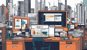 Een rommelig bureau met computer en kantoorbenodigdheden, met Zoom-website op het scherm.