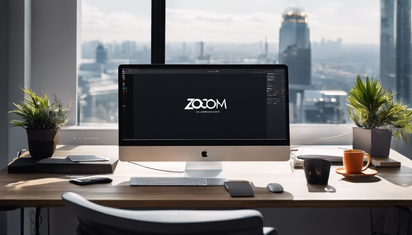 Een moderne kantoorwerkplek met computer, notitieboek en stadsfotografie.