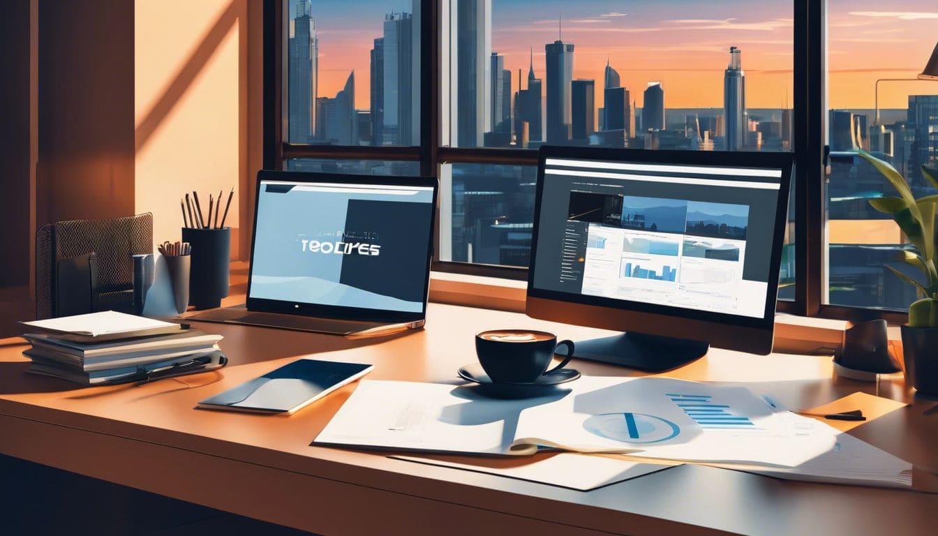 Moderne werkplek met laptop, SEO tools en koffie, met stadsgezicht.