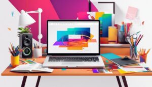 Een creatieve studio met Adobe-software, laptop en kunstbenodigdheden.