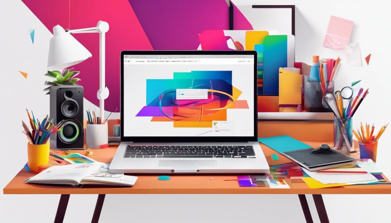 Een creatieve studio met Adobe-software, laptop en kunstbenodigdheden.