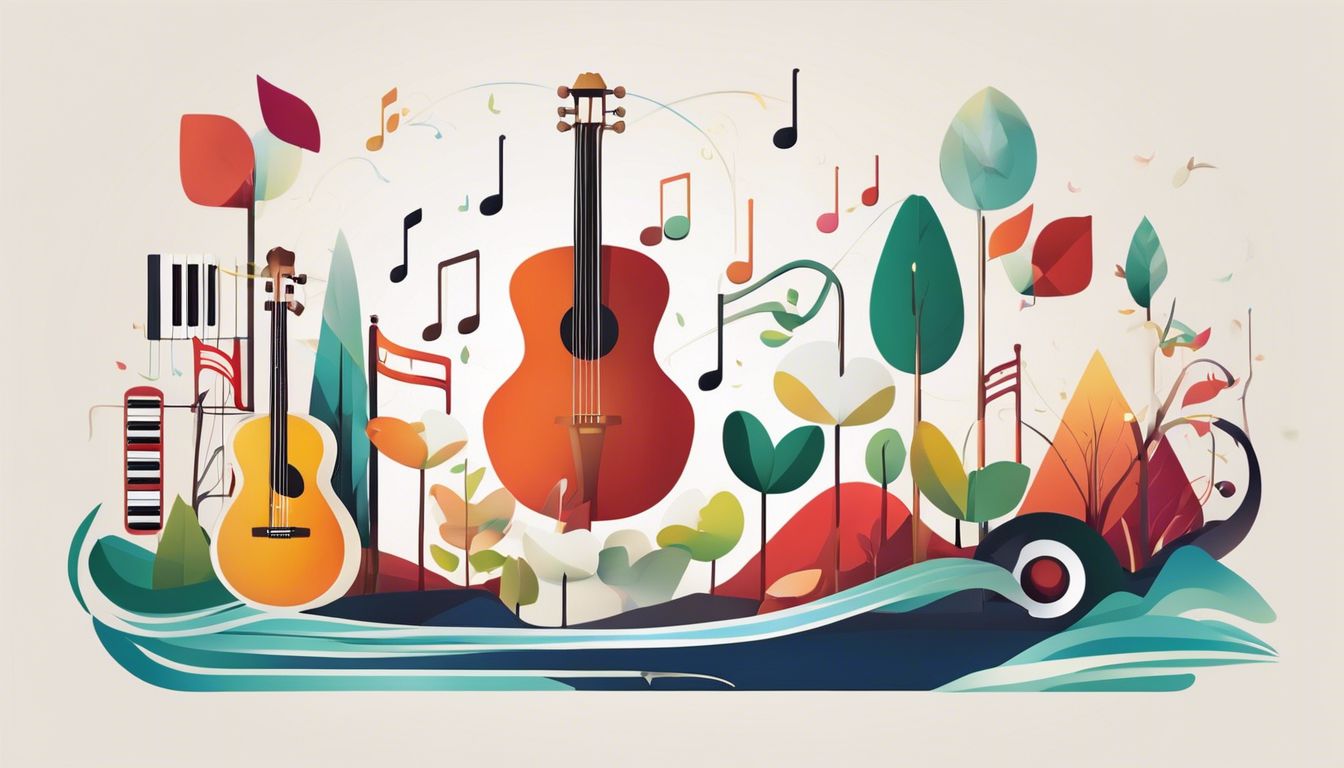 Een logo voor Apple Music omringd door muziekinstrumenten en een natuurlijke omgeving.