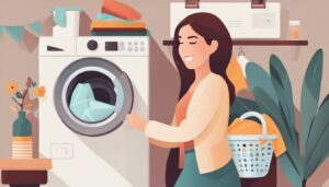 Een vrolijke vrouw doet de was in een gezellig huis.