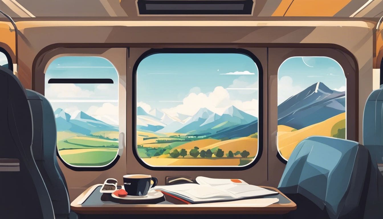 Een reiziger legt adembenemende landschappen vast vanuit een treinraam.