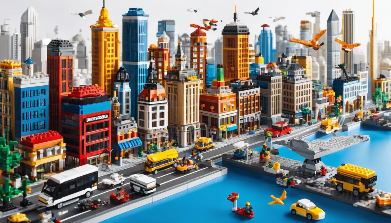 Een levendige LEGO stad met hoge gebouwen en drukke straten.