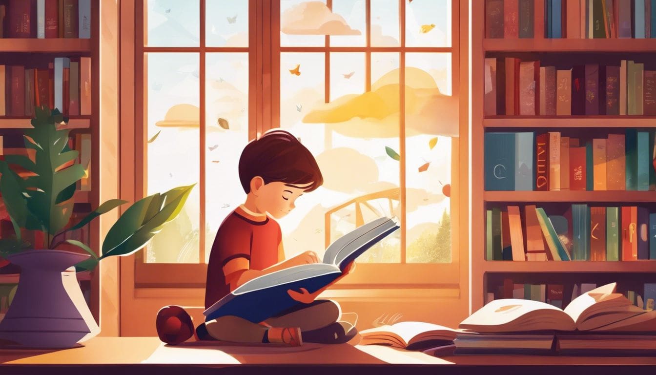 Een kind leest Okki magazine in een gezellige, zonovergoten bibliotheek.