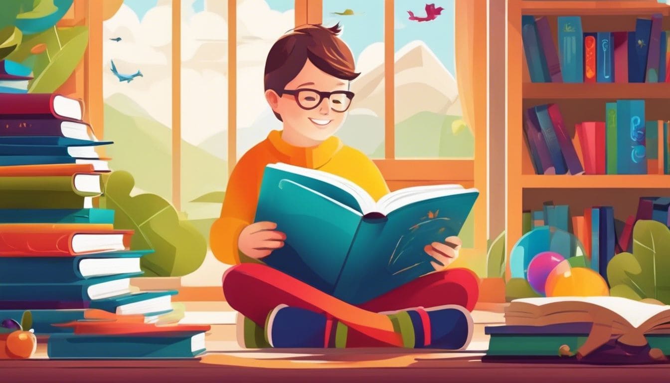 Een kind omringd door educatieve spellen, boeken en natuur, omgeven door een levendige leeromgeving.