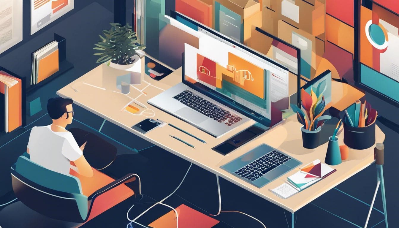 Laptop met Zoom-vergadering in druk kantoor met samenwerkende collega's.