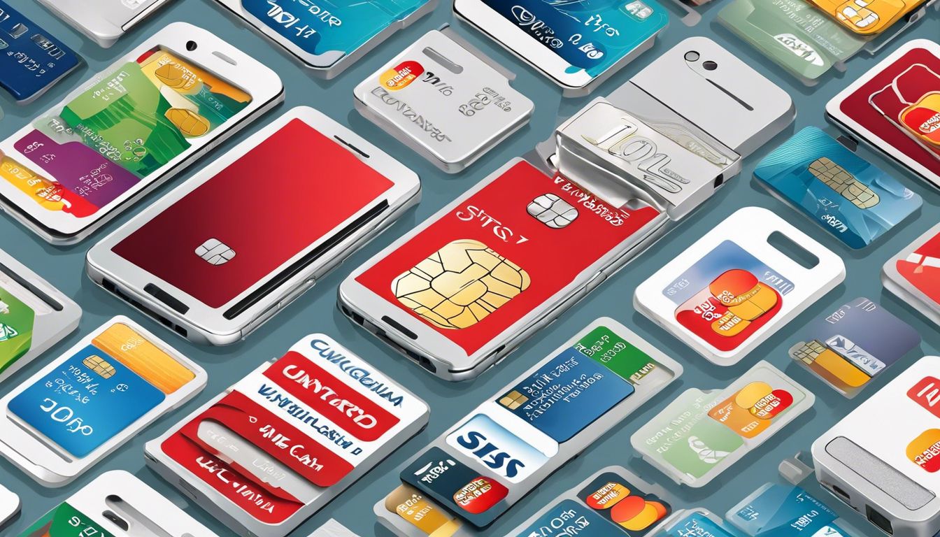 Een smartphone met meerdere simkaarten omringd door verschillende mobiele telefoondeals, in plat ontwerp.