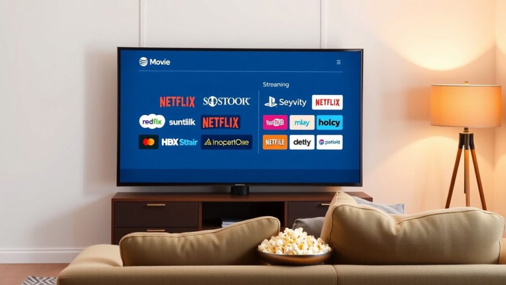 Een gezellige thuisbioscoop met streamingdiensten op de tv-scherm.