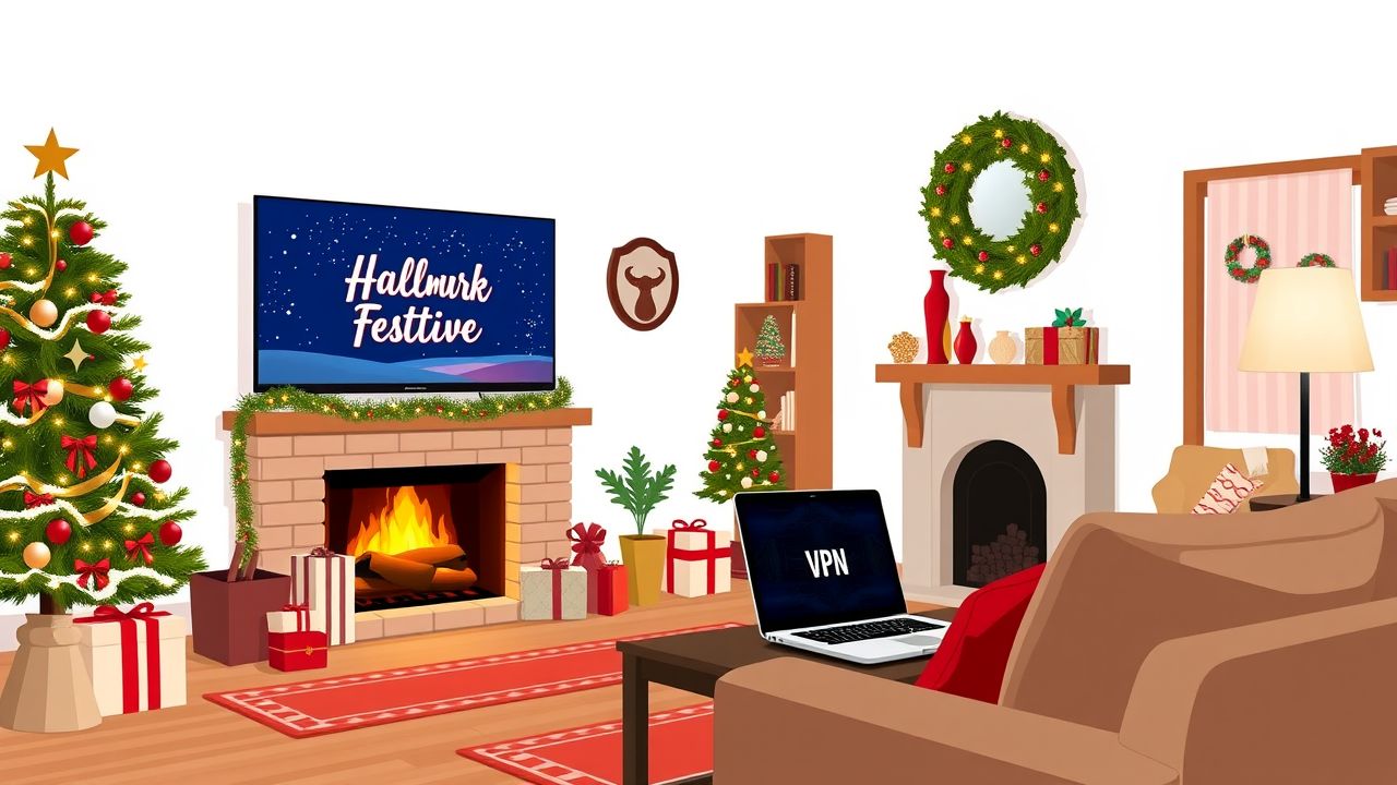 Een gezellige kerstwoonkamer met feestelijke decoraties en een VPN-verbinding.